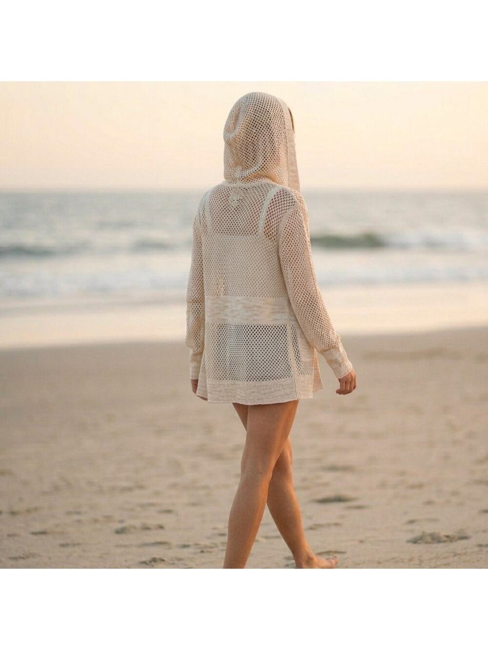 Natural Reflections Womens Small Linen Blend Hooded See Through Cardigan Pockets